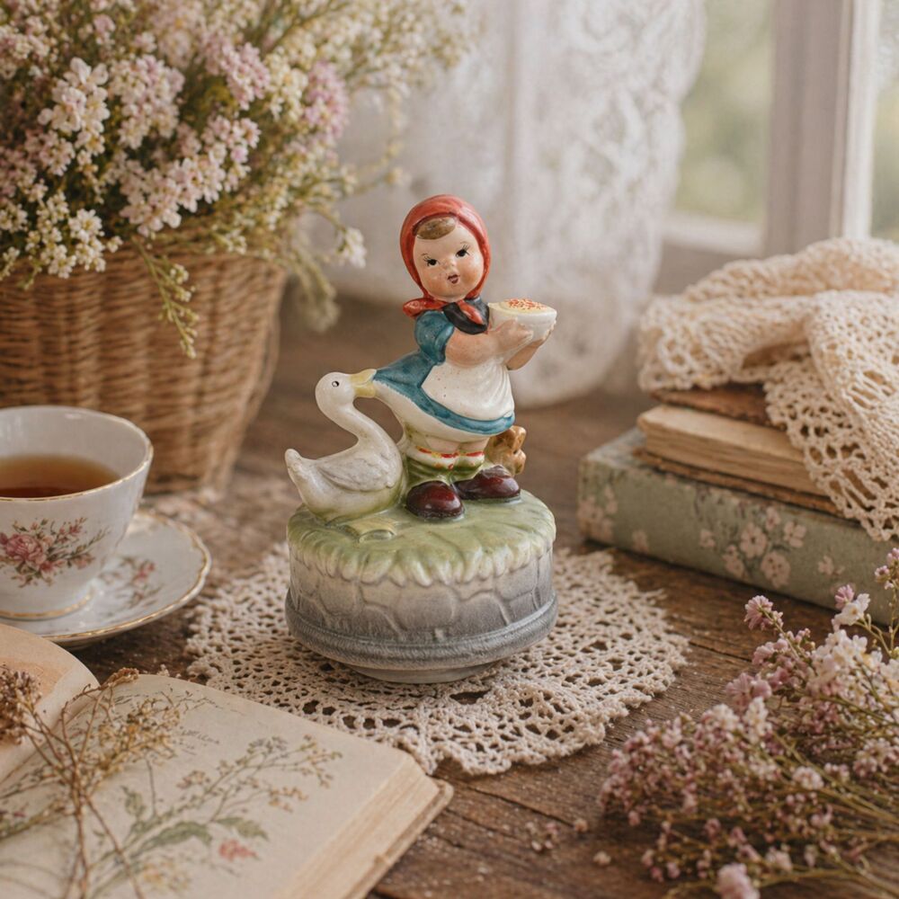 Vintage Music Box Girl Goose Figurine Cottagecore Collectible Japan